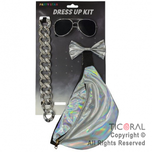 SET DISFRAZ METALIZADO PLATA CON ANTEOJOS, MO�O, COLLAR Y BOLSITO RI�ONERA